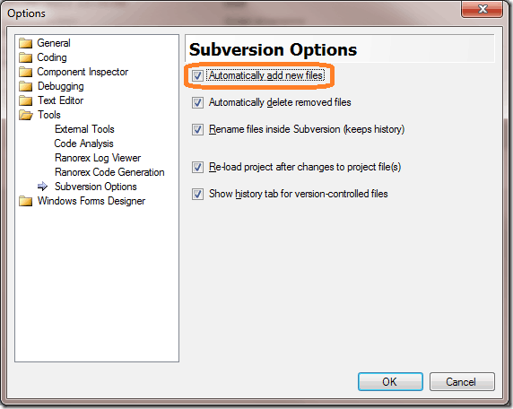"Automatically add new files" is checked